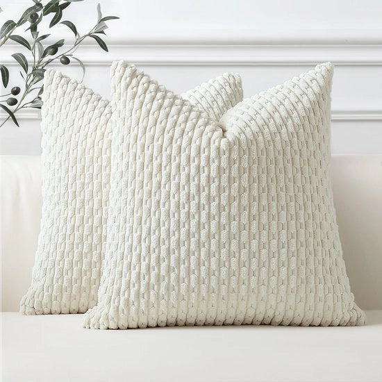 Set di 2 Copricuscini in Corduroy, Copricuscini Decorativi, Copricuscino morbido, Siercuscino, Copricuscino per divano, Copricuscino per stanza da letto, Copricuscino per soggiorno (bianco crema, 55 x 55 cm)