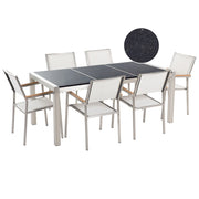 Set da Giardino Tavolo Piano Granito Nero 6 Sedie Bianche 180 x 90 cm