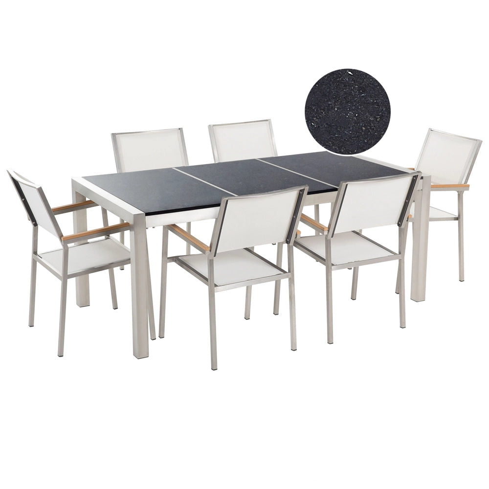 Set da Giardino Tavolo Piano Granito Nero 6 Sedie Bianche 180 x 90 cm