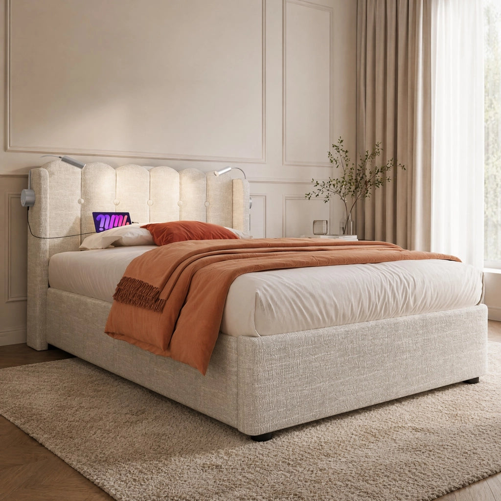 LETTO Contenitore 90x200 cm in Lino Naturale con Luce da lettura e USB