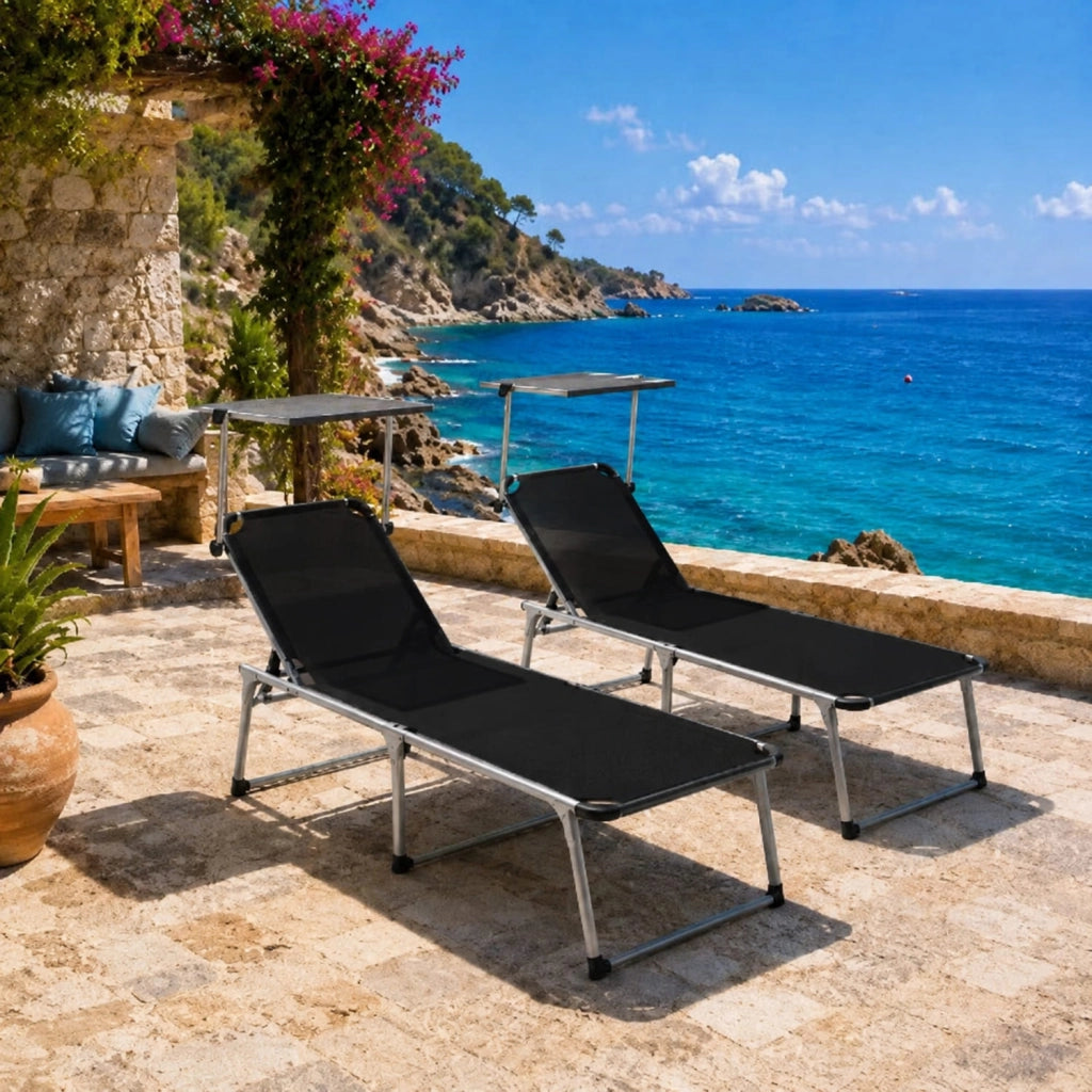 Set 2 Lettini Da Sole Richiudibili Con Tettuccio Ombreggiante Schienale Reclinabile A 6 Regolazioni Struttura Leggera In Alluminio Ideali Per Mare Spiaggia Giardino Piscina 187 x 59 x 29 Cm Nero