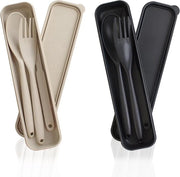 Set di utensili in plastica riciclabile - 2 set utensili da viaggio grandi trasportabili - scatola da tovagliato con forchette, cucchiai - attrezzi da campeggio picnic fuori ufficio - nero beige