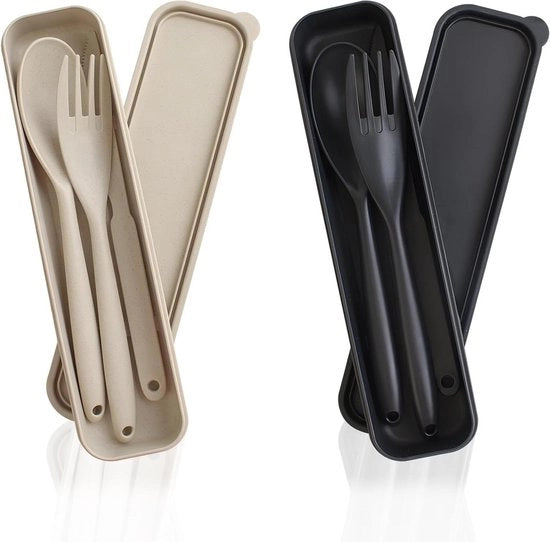 Set di utensili in plastica riciclabile - 2 set utensili da viaggio grandi trasportabili - scatola da tovagliato con forchette, cucchiai - attrezzi da campeggio picnic fuori ufficio - nero beige