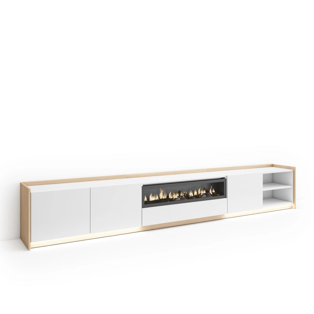 Mobile TV Soggiorno, 310x50x37 cm, Per TV fino a 80", Camino elettrico, LED, Bianco e Rovere soft