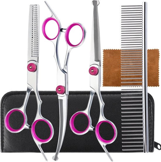 Kit di cura e pettinatura per cani e gatti 5 in 1 | Con punta rotonda e forbice per la rasatura – Kit di cura professionale per cani e gatti – Rosso