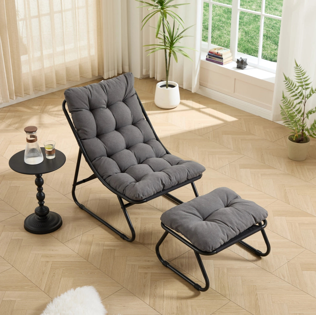 Sedia lounge da esterno con pouf in acciaio nero/grigio