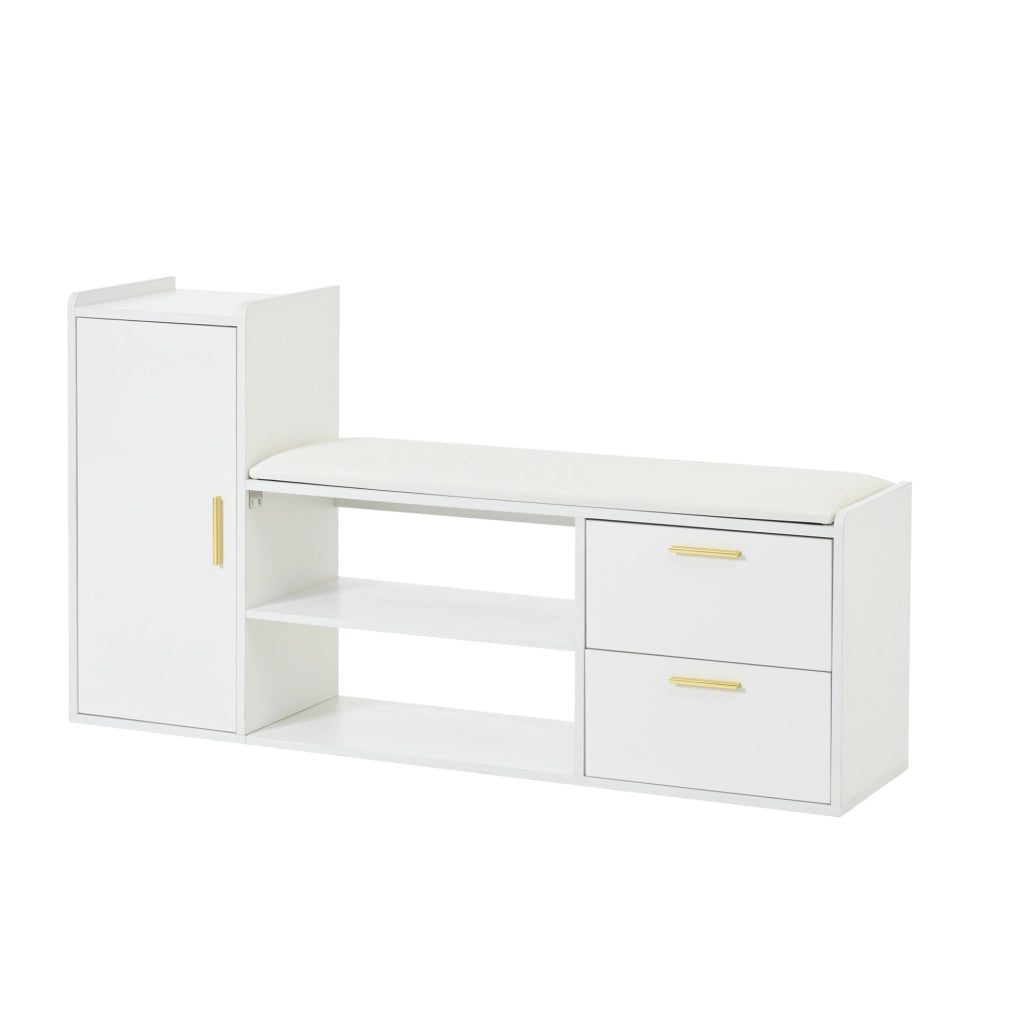 Scarpiera 128x30x68 cm con 2 cassetti; 1 anta e seduta imbottita in truciolato bianco