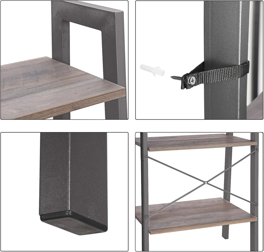 Libreria, Scaffale a Scala con 4 Ripiani, Mobile Autoportante, Struttura in Ferro, per Soggiorno Camera da Letto Cucina Balcone, Facile da Montare, Industriale, Greige e Grigio LLS44MG