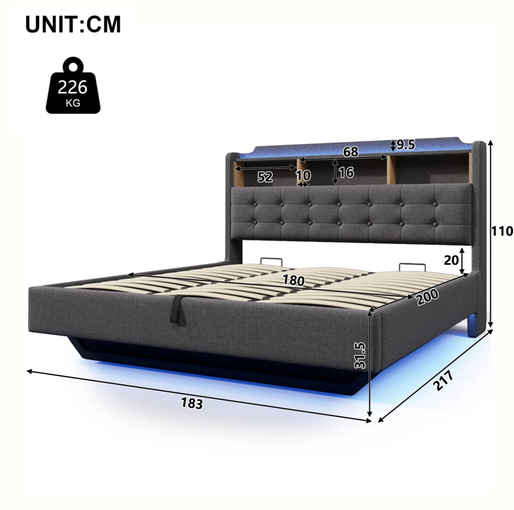 Letto imbottito 180x200 cm con LED, contenitore idraulico e porte USB