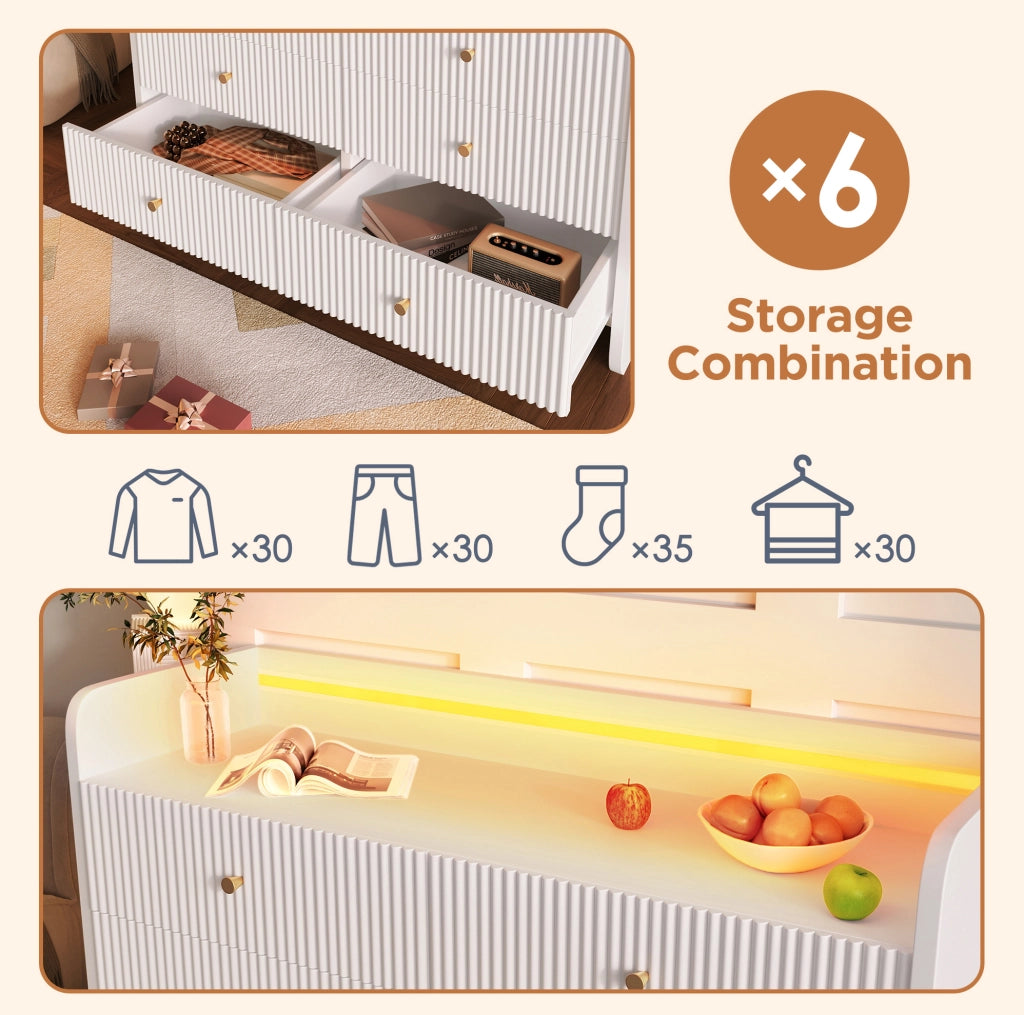 Credenza con LED; 6 cassetti e 1 vano aperto; 120x40x75 cm; bianco