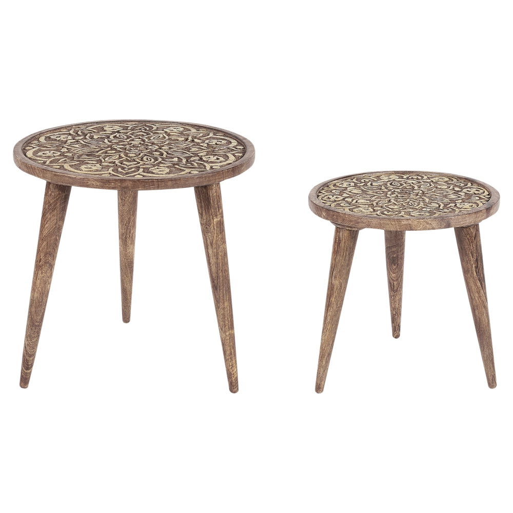 Set di 2 tavolini in legno di mango marrone Tavolino decorativo per il caffè Piccolo arredamento per il soggiorno Design orientale