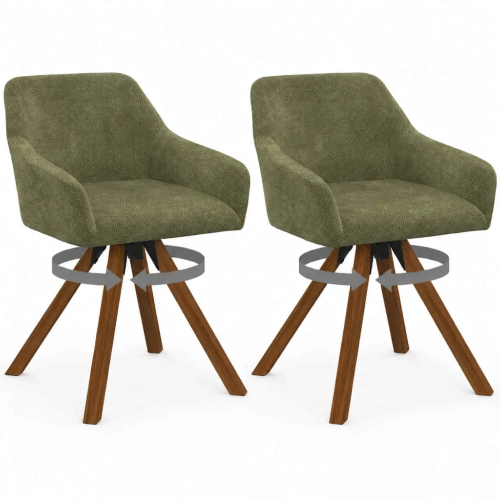 IDMarket - Set di 2 poltrone girevoli per sala da pranzo e tavolo JANY in tessuto di ciniglia verde con gambe in noce