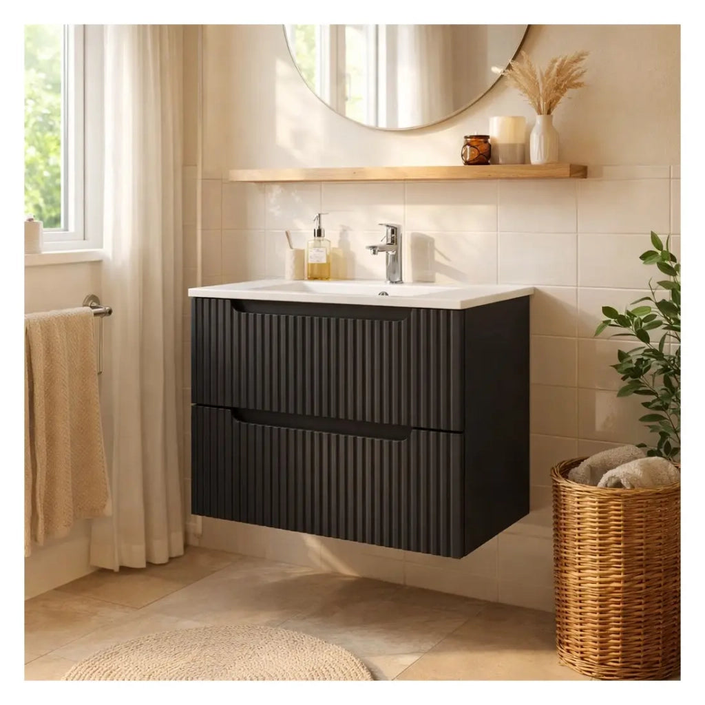 Set da bagno VANO 80cm: mobiletto sottolavabo con cassetti scanalati verticalmente + lavabo incassato bianco