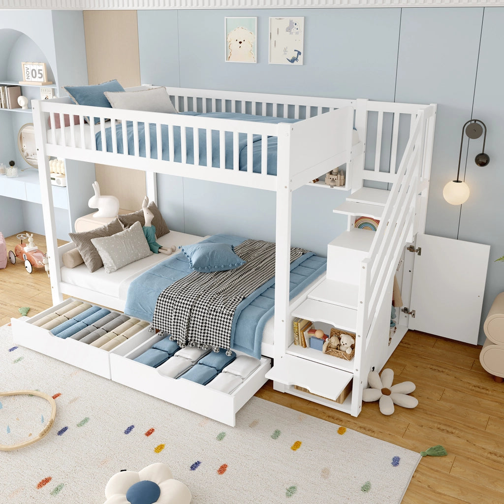 Letto a castello con scalinata contenitiva in pino bianco 90x200 cm