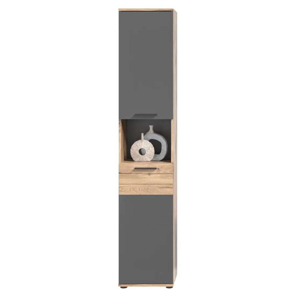 Set da bagno: Mobile sottolavabo + colonna + armadietto con specchi - Grigio antracite e rovere chiaro -