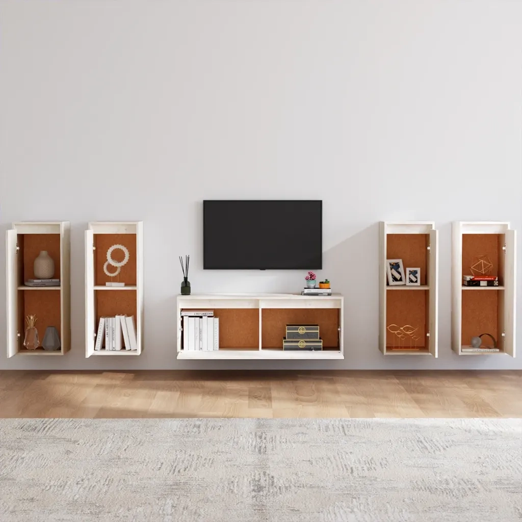 Mobili Porta TV 5 pz Bianchi in Legno Massello di Pino 3100215