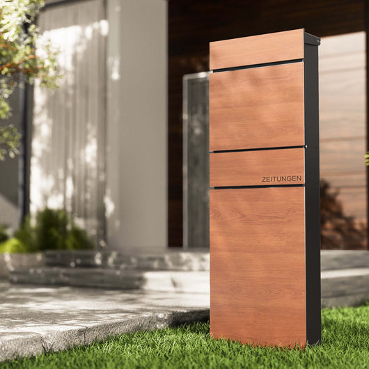 Cassetta postale autoportante con portagiornale in acciaio antracite ed effetto legno 395 x 142 x 1150 mm, cassetta delle lettere con scomparto per giornali e 2 chiavi