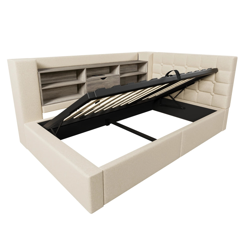 Letto 90x190 cm con LED; contenitore e porte di ricarica in lino beige