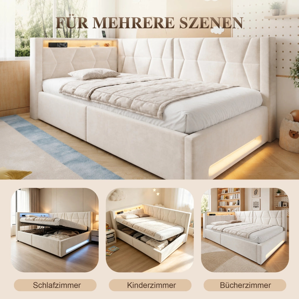 LETTO imbottito contenitore 90x200 cm in velluto beige con LED, USB e Type-C