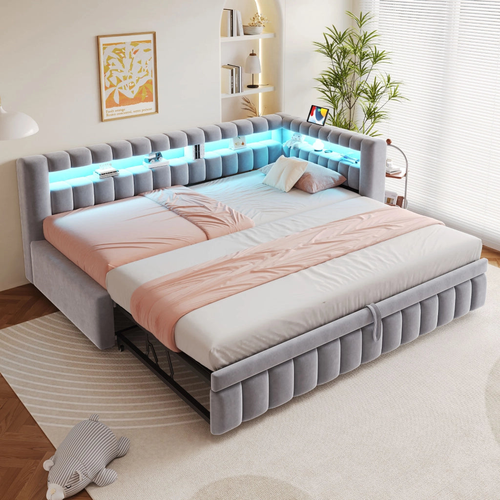 Letto estraibile singolo 90×200 cm con LED; USB e ripiani; senza materasso; velluto; grigio chiaro