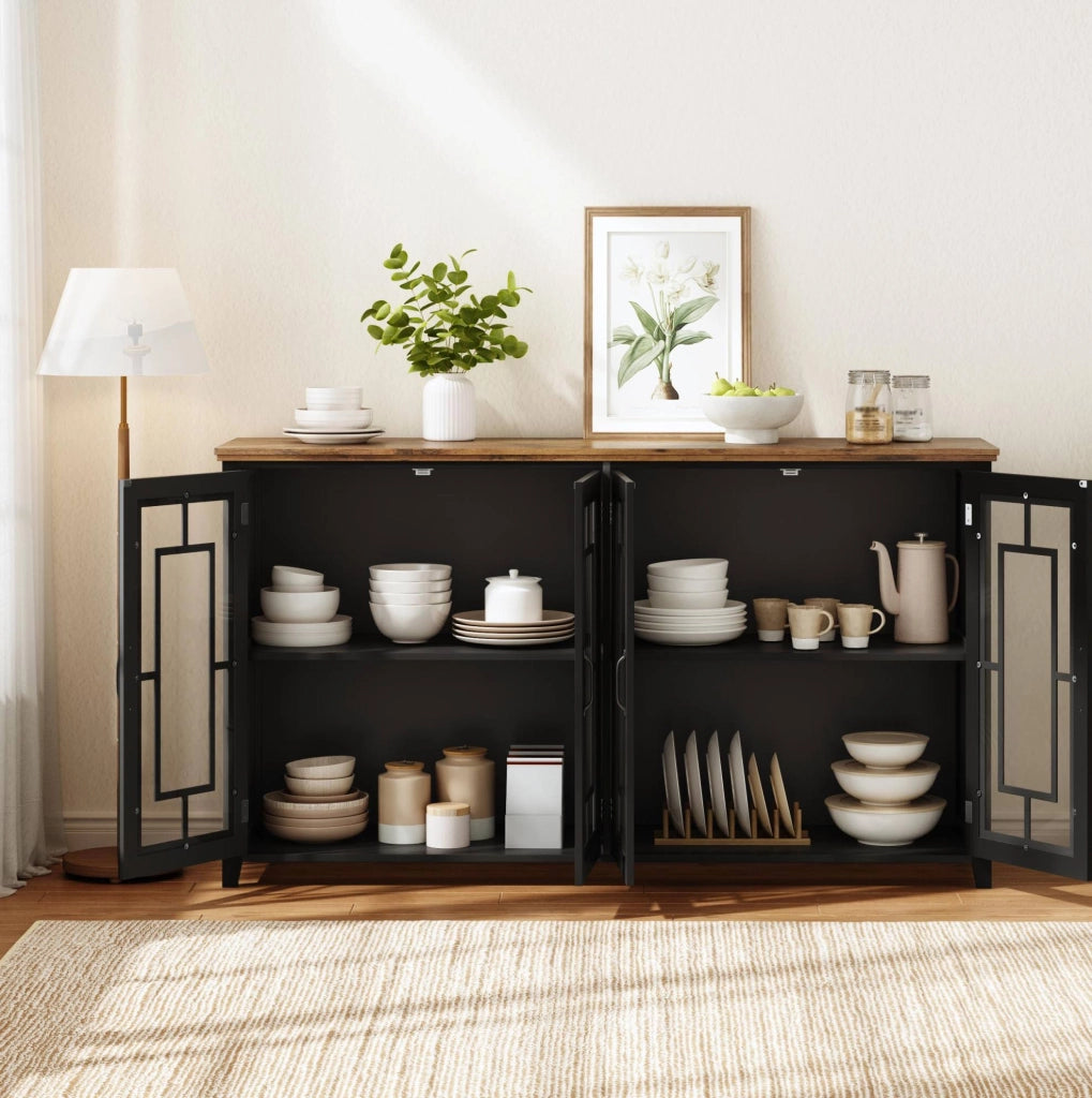 Credenza 160x40x86 cm con ante in vetro e sistema antiribaltamento in MDF nera