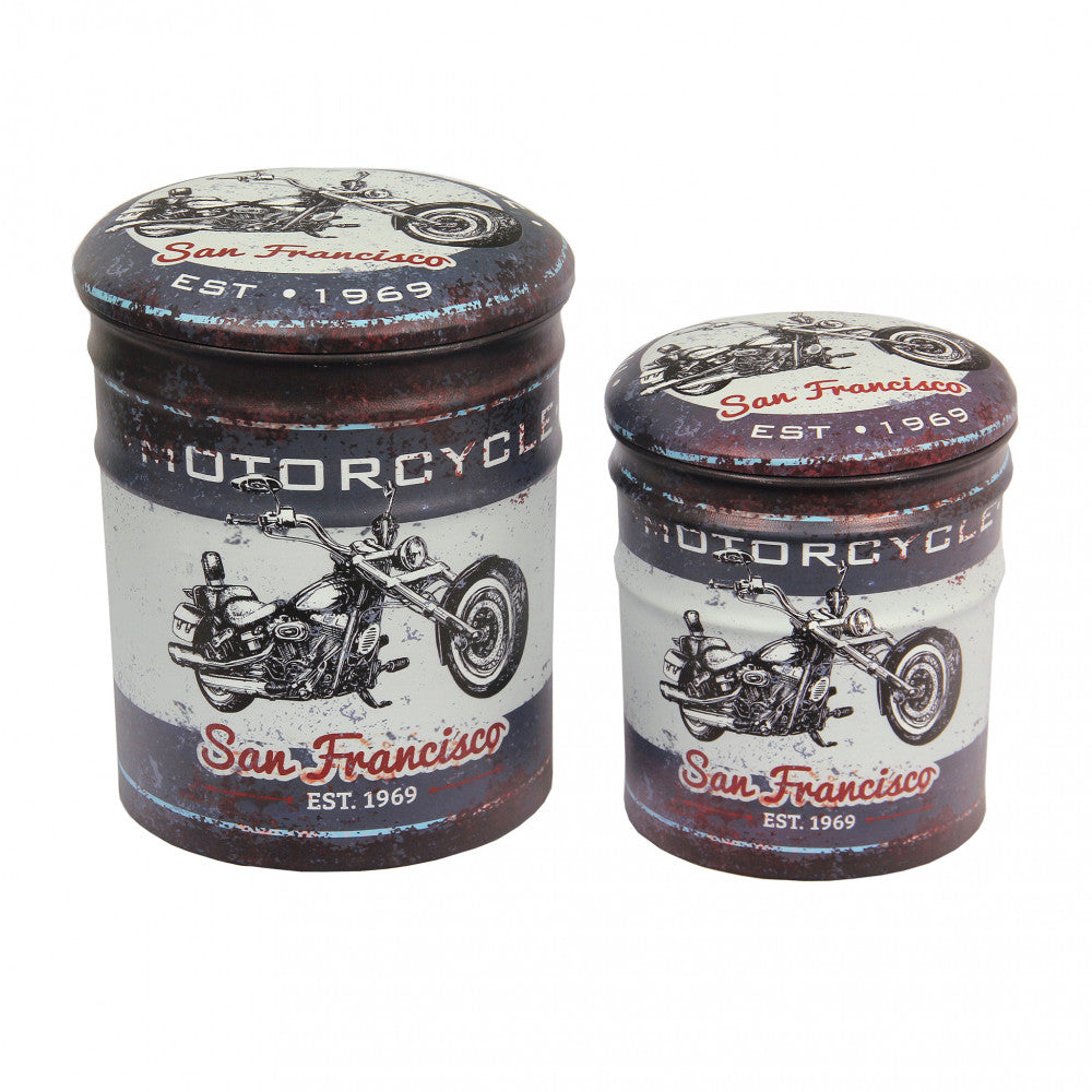 Set 2 Pouf Contenitore Tondo in MDF Moto Grigio Scuro