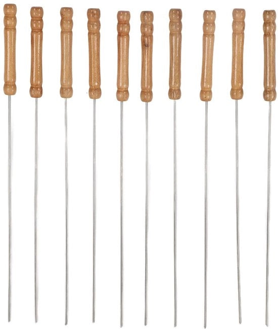 Set di 10 Spiedini di BBQ in Legno con Manico in Acciaio Inox
