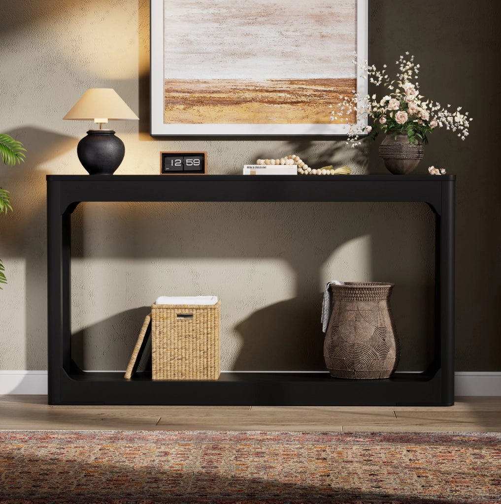 Tavolo consolle nero da 140 cm in MDF con ripiani aperti