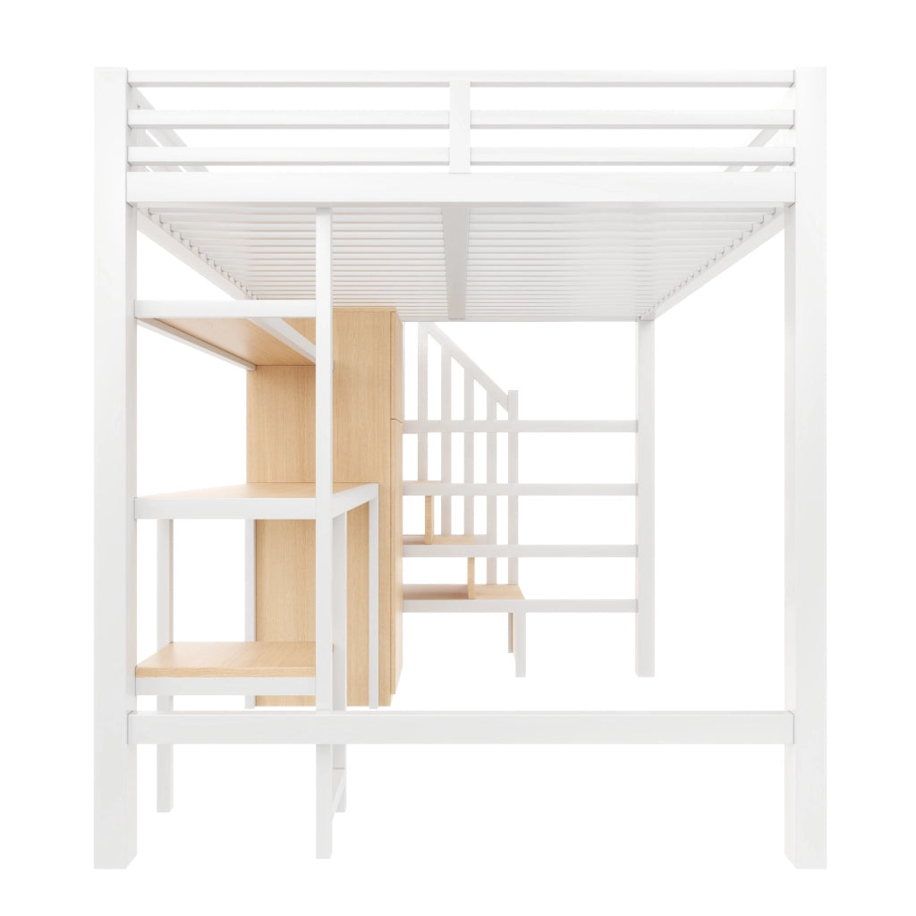 DESMIU Letto a soppalco 140 × 200 cm 2 posti con scrivania, armadio, ripiano e LED, senza materasso, bianco