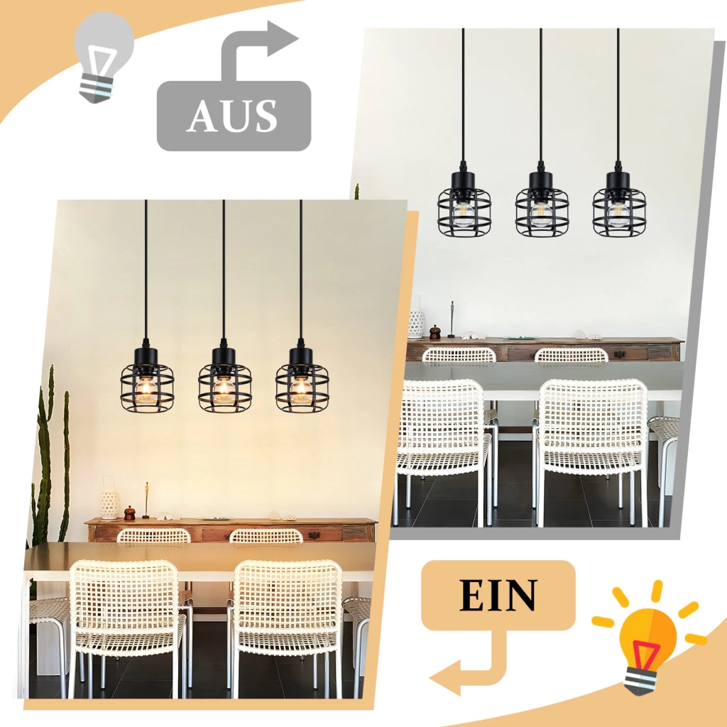 Lampada a sospensione ZMH vintage in metallo nera 3 luci E14 altezza regolabile senza lampadina