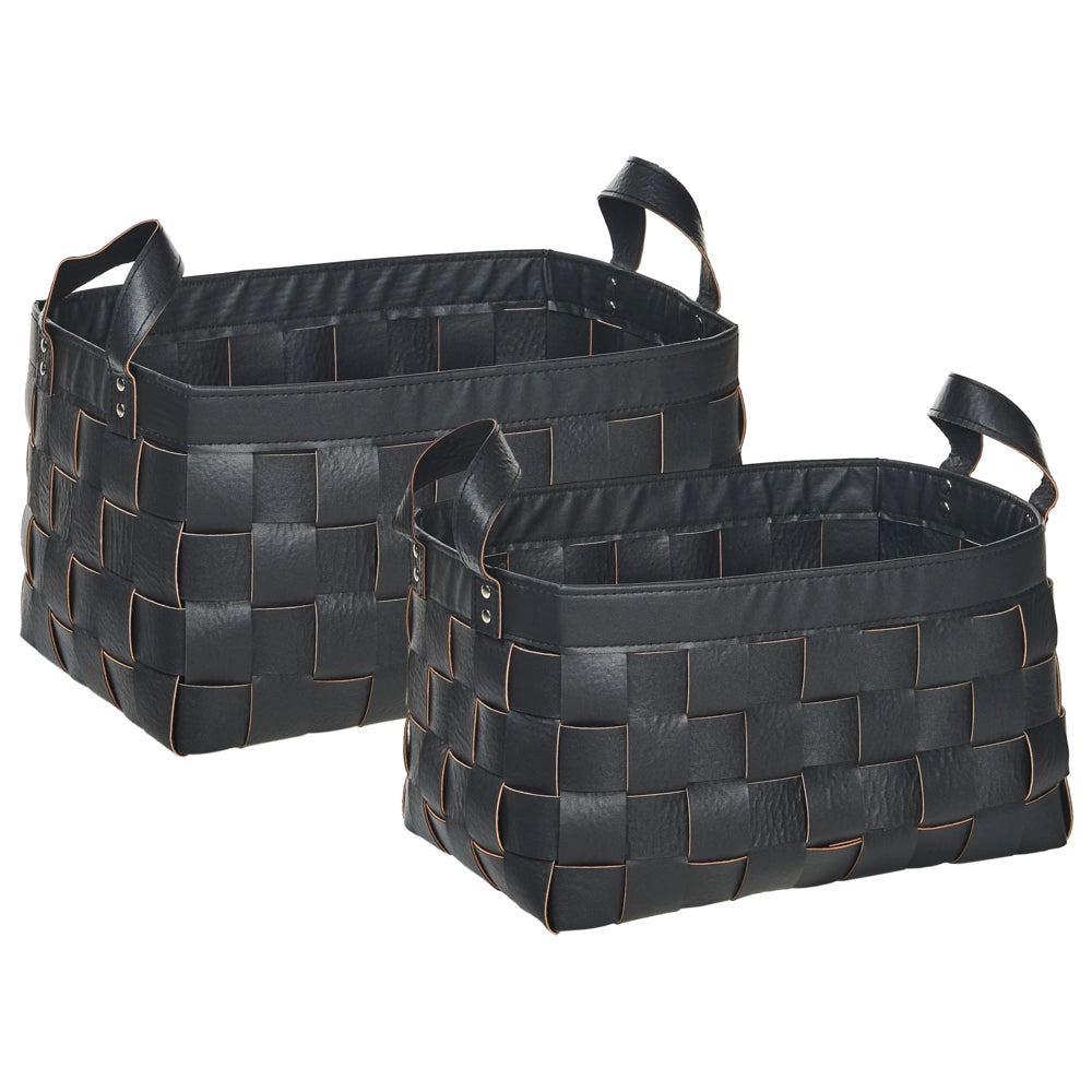 Set di 2 cesti fatti a mano in ecopelle nero con manici design retrò