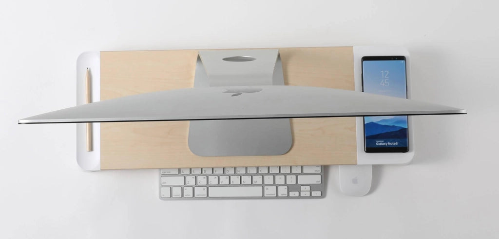 Supporto Monitor da Scrivania 56x20x5,7 cm con Base di Ricarica Wireless in MDF e Plastica Bianco