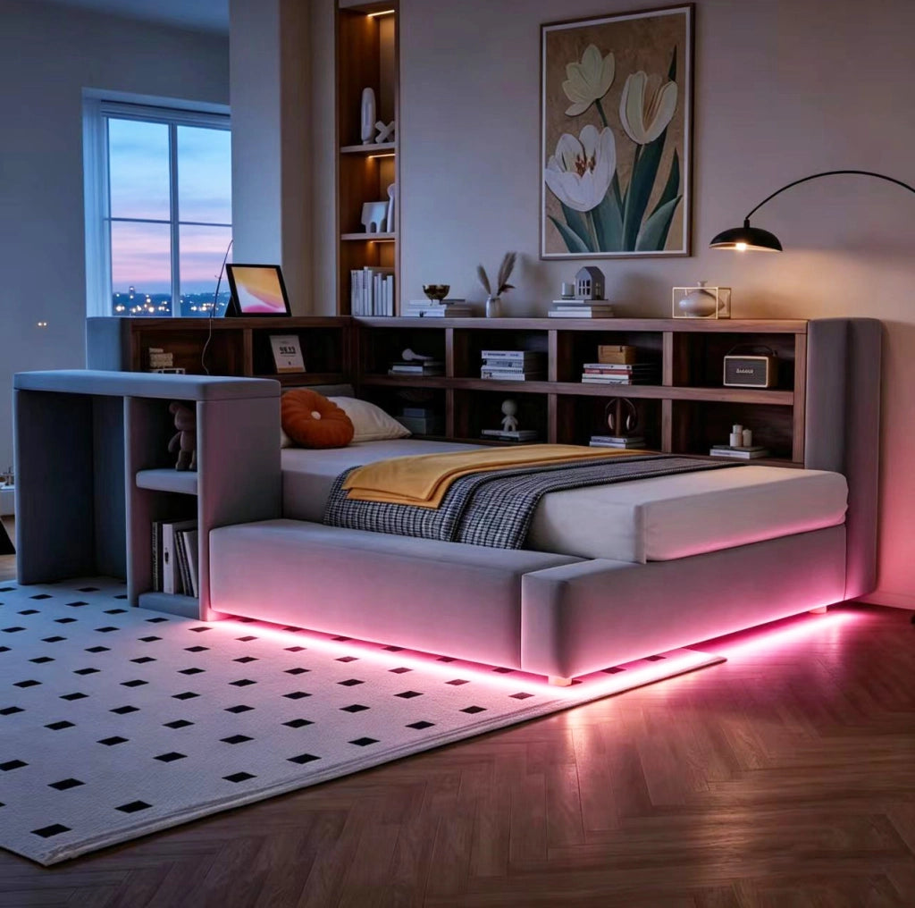 Letto imbottito 90x200 cm con testiera contenitore; LED; prese e comodino; grigio scuro