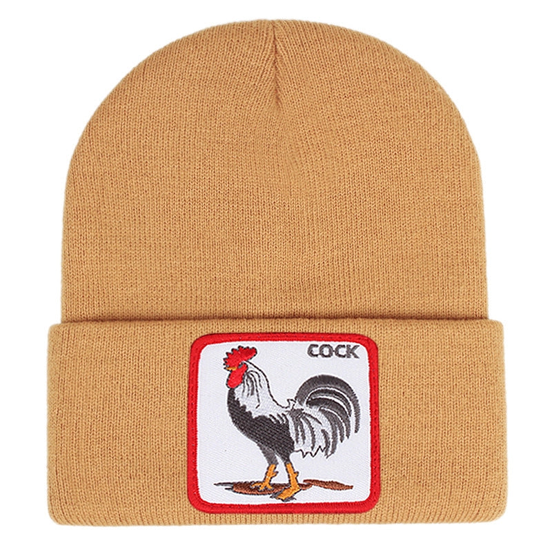 Berretto ricamato con gallo, lavorato a maglia, con risvolto, colore giallo