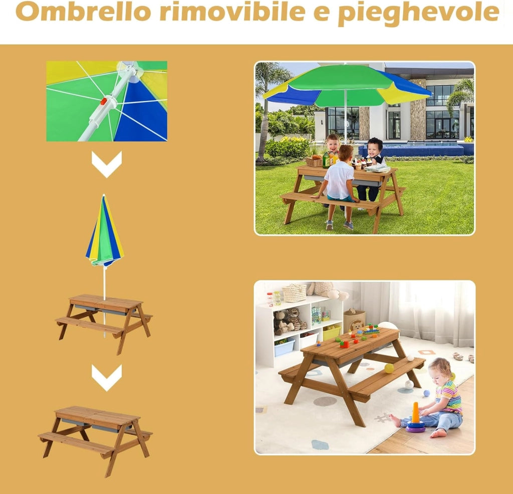 Set Tavolo e Sedie per Bambini da Giardino 3 in 1, con Ombrellone Rimovibile e Regolabile, Piano Rimovibile, Tavolo con Panche in Legno per Bambini da Interno Esterno (Colore 3)