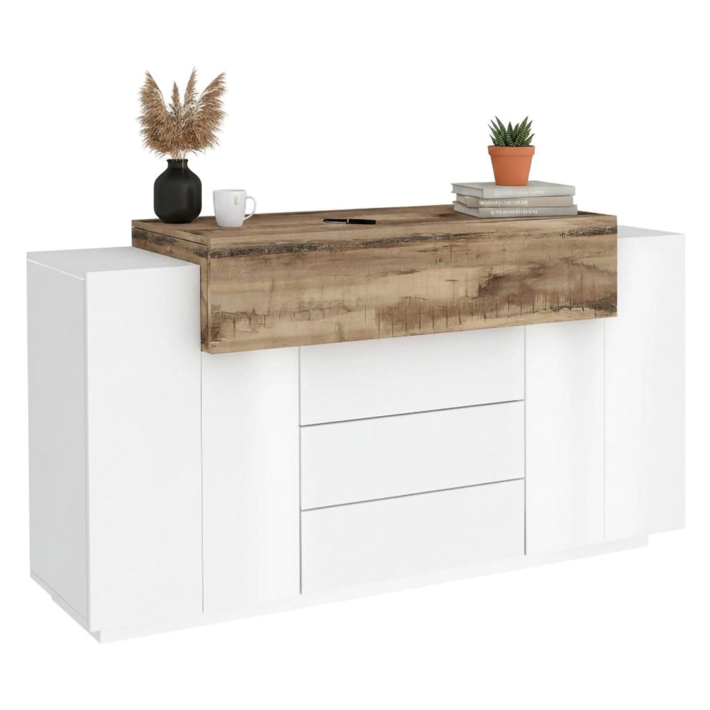 Credenza Arbon, Madia di design a 3 ante, Made in Italy, Mobile Porta TV, Buffet da soggiorno, cm 160x45h86, Bianco lucido e Acero