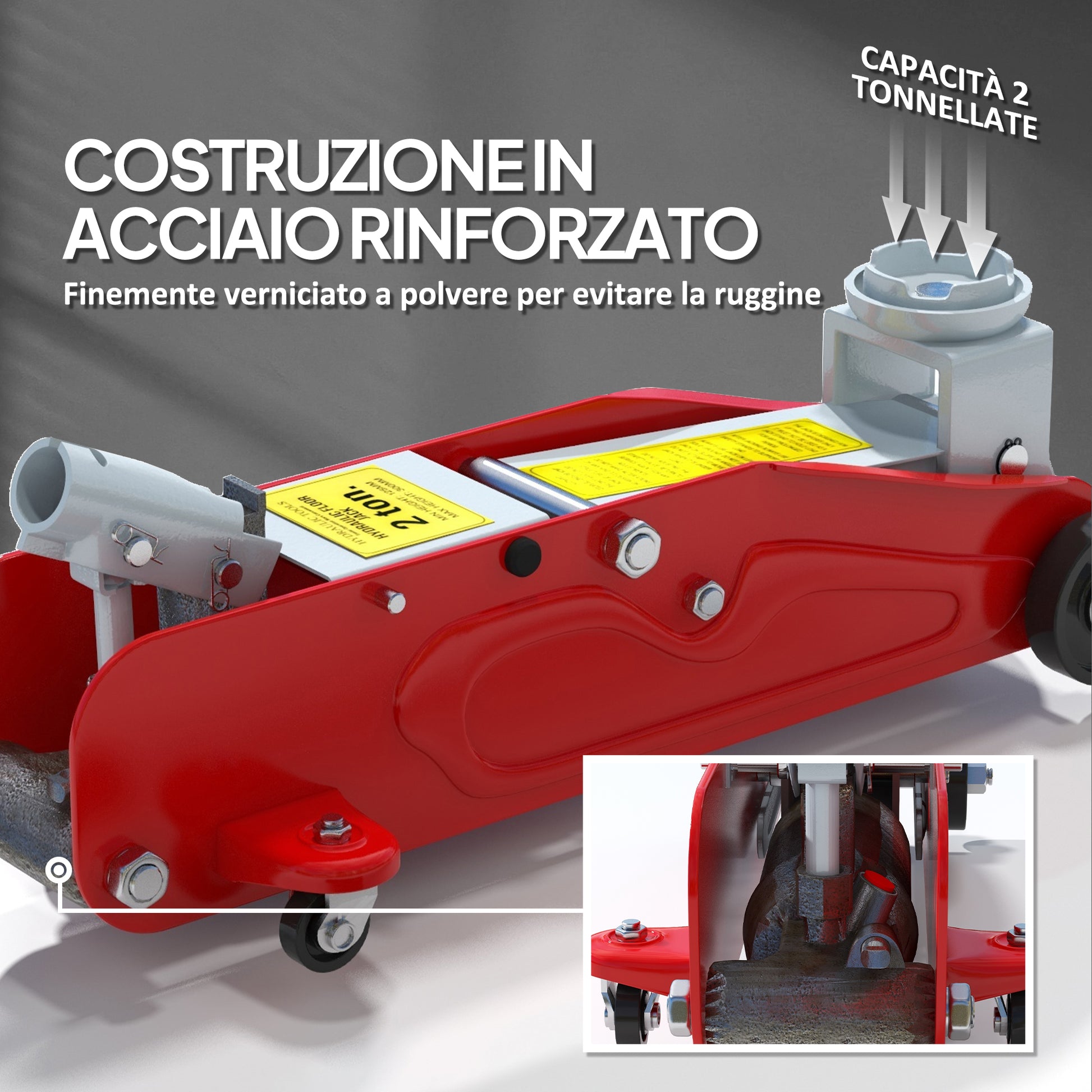 Cric Idraulico con Sollevamento 12-30 cm e Capacità 2 Tonnellate in Acciaio Rinforzato Rosso e Grigio