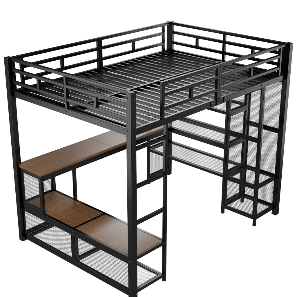 LETTO a soppalco con scrivania e scaffali 140x200 cm in metallo e MDF nero