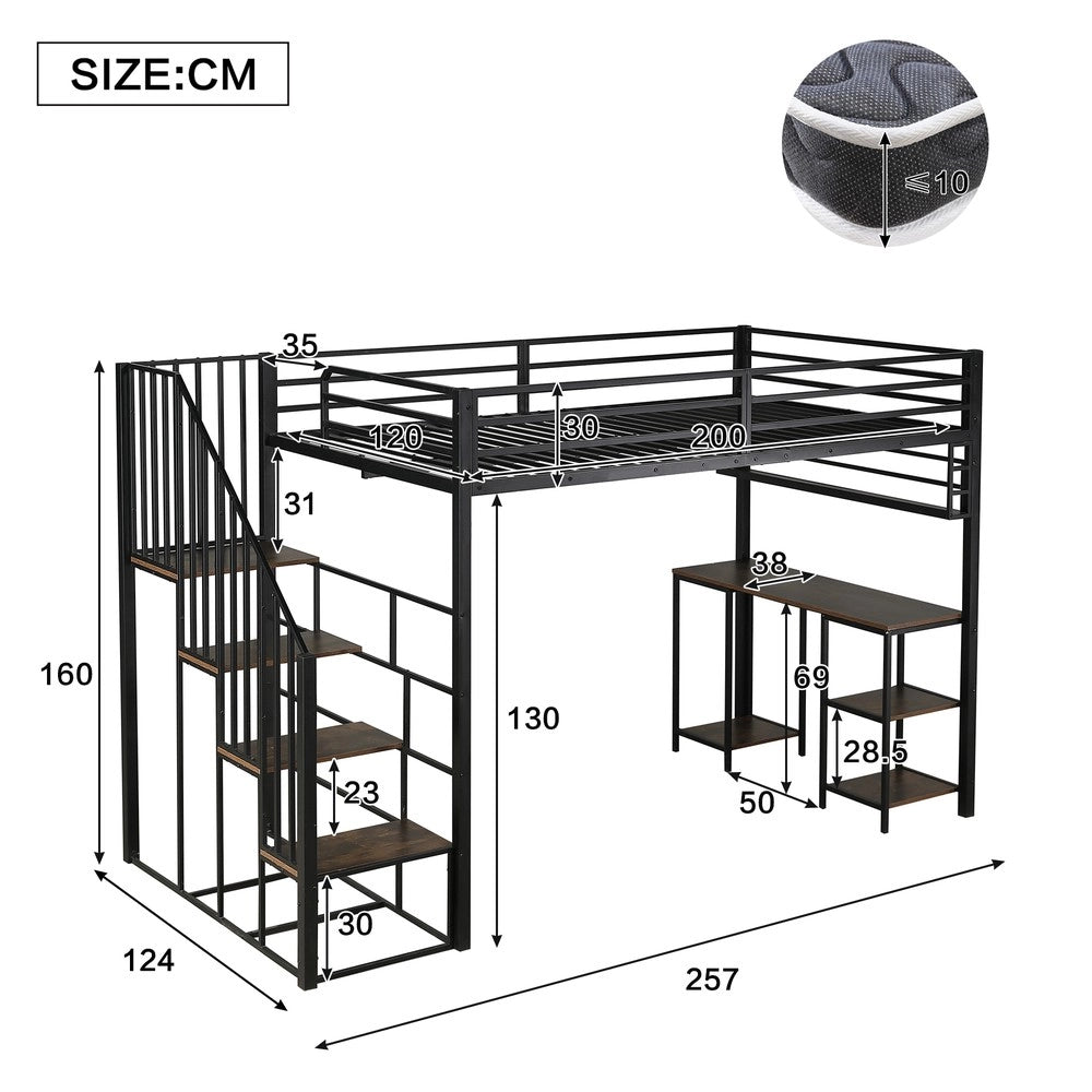 Letto a Soppalco con Scrivania e Scaffale ¨C Xylo ¨C Metallo, Nero, 120x200