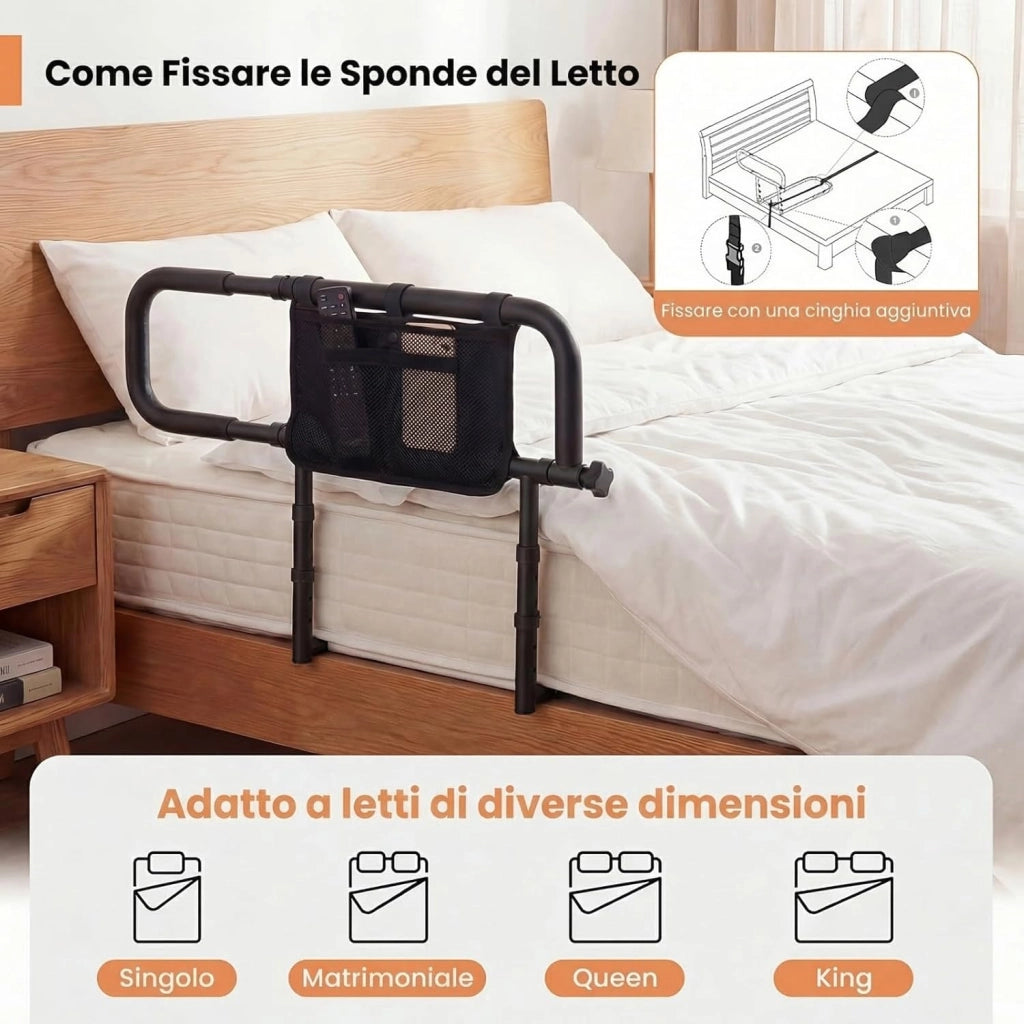 Sponda Letto Anziani Regolabile e Pieghevole, Altezza/Larghezza Aggiustabile, Tasca Rimovibile, Maniglie Imbottite e Base a U, Adatto a Letti King/Queen, Supporto fino a 136 kg (Nero)