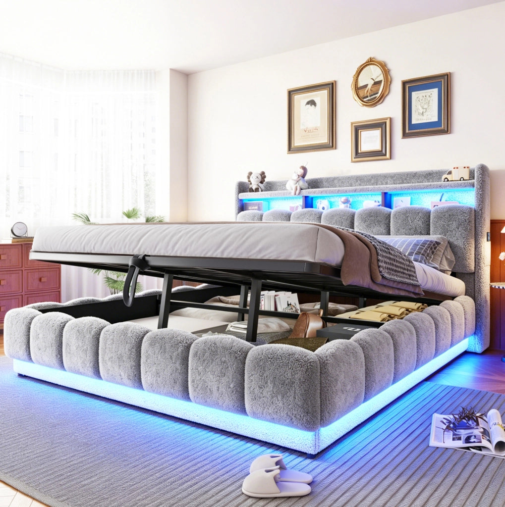 Letto imbottito 180x200 cm con LED, USB e vano idraulico