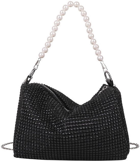 Borsa da sera con catena rimovibile, alta capacità con chiusura a zip, elegante borsa da sera per donne, per gala serale, matrimonio, festa, banqueting, nera