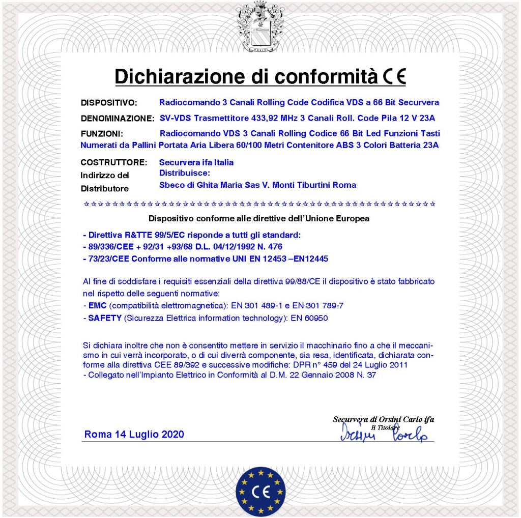 Radiocomando Cancello Automatico Frequenza 433,92 MHz 3 Canali Numerati Potenza 1 mW Portata Libera 60/100 MT Codice Sicurezza VDS Rolling Code 66 Bit Batteria 12 V 23A Contenitore ABS 3 Colori
