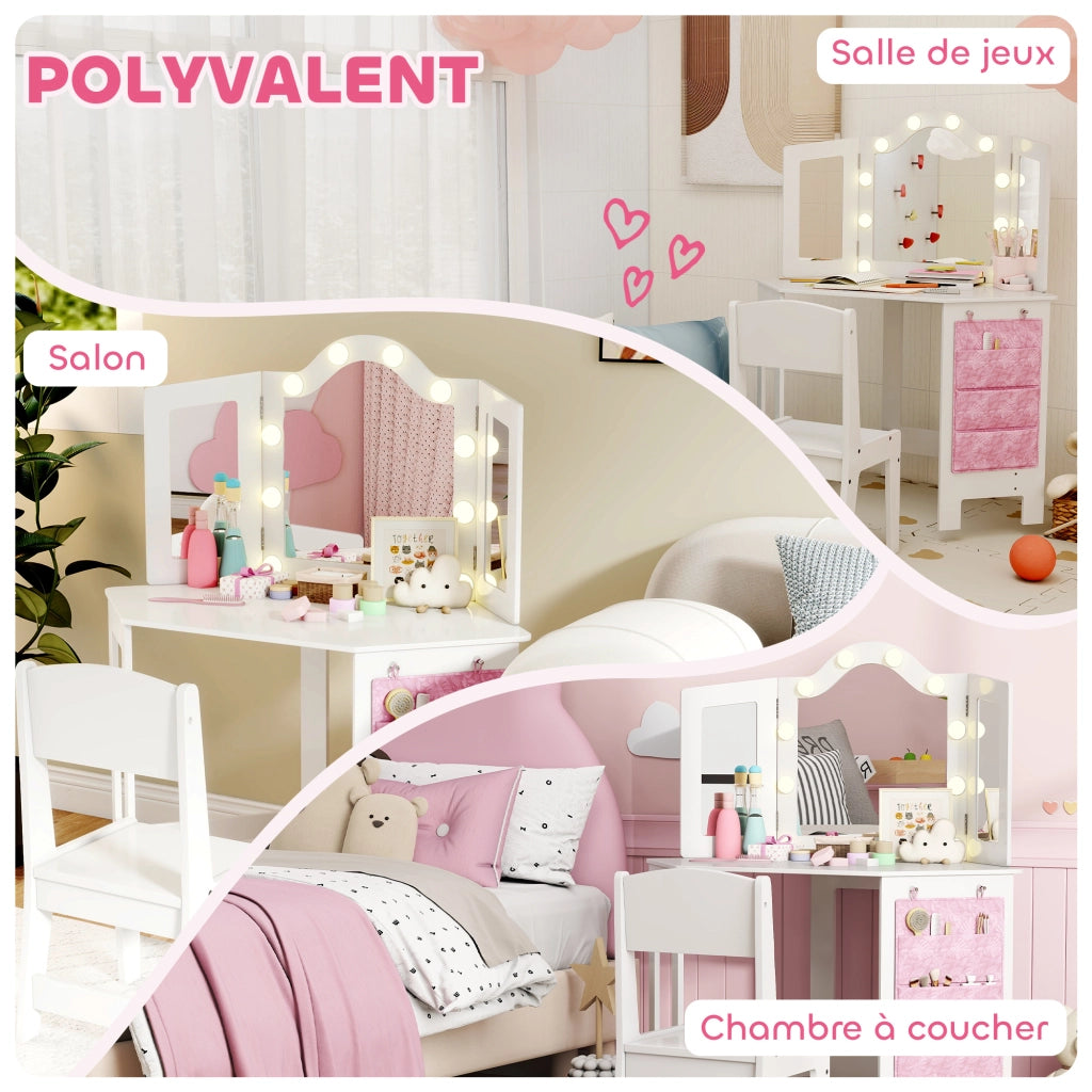 Tavolo trucco bambini con specchio e luci LED ¨C zephmum ¨C bianco 93.6x48.5x111.5 cm