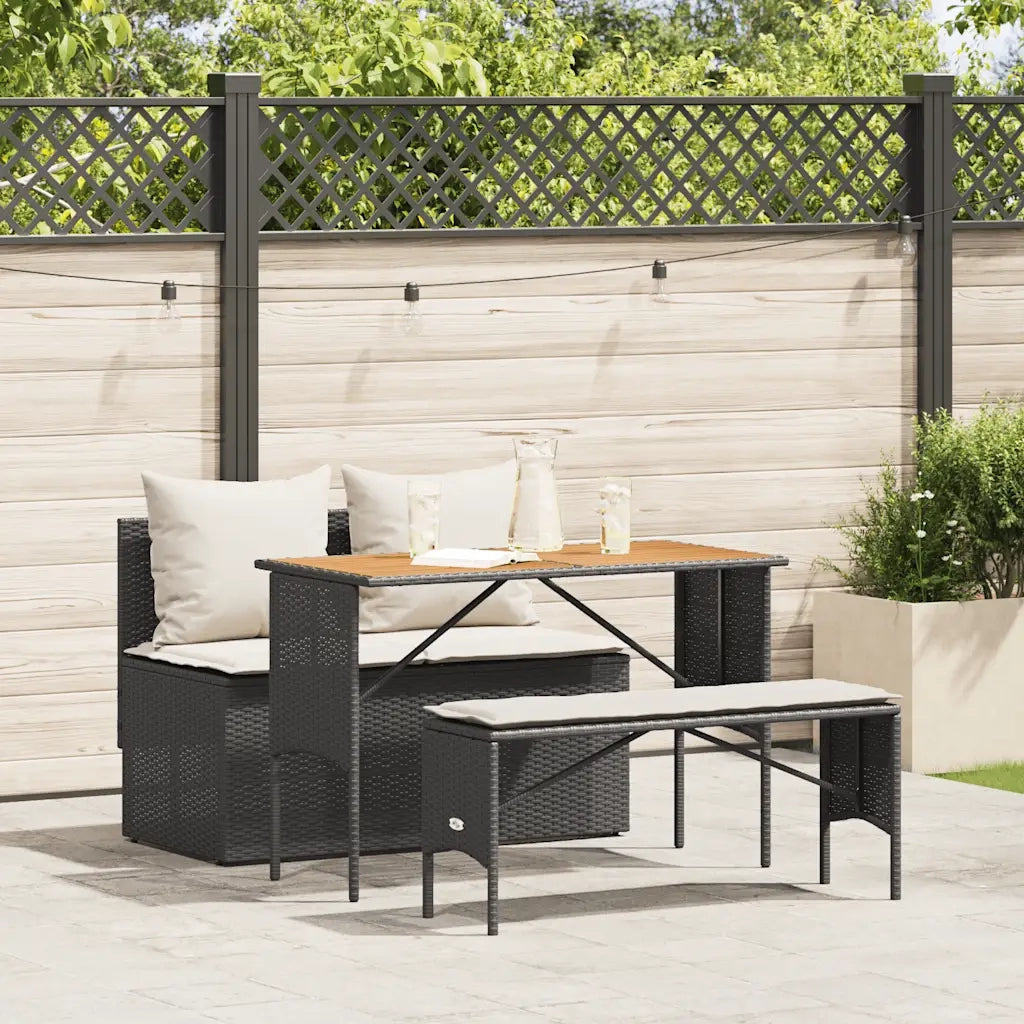 Set da Pranzo da Giardino 3 pz con Cuscini Nero in Polyrattan