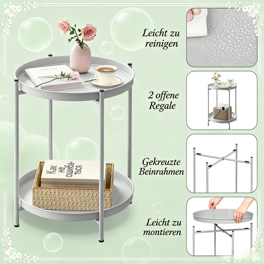 Tavolino basso rotondo con 2 ripiani in metallo, per soggiorno e camera da letto, grigio chiaro, 44 × 44 × 53 cm