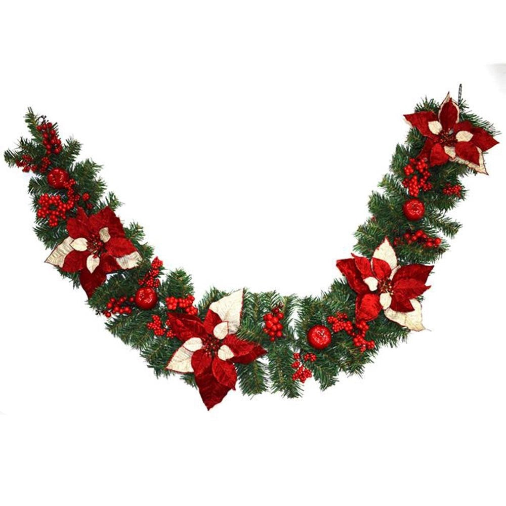 Trade Shop - Ghirlanda Natalizia Stella Di Natale Fiori E Bacche Decorazioni Natalizie 180cm -