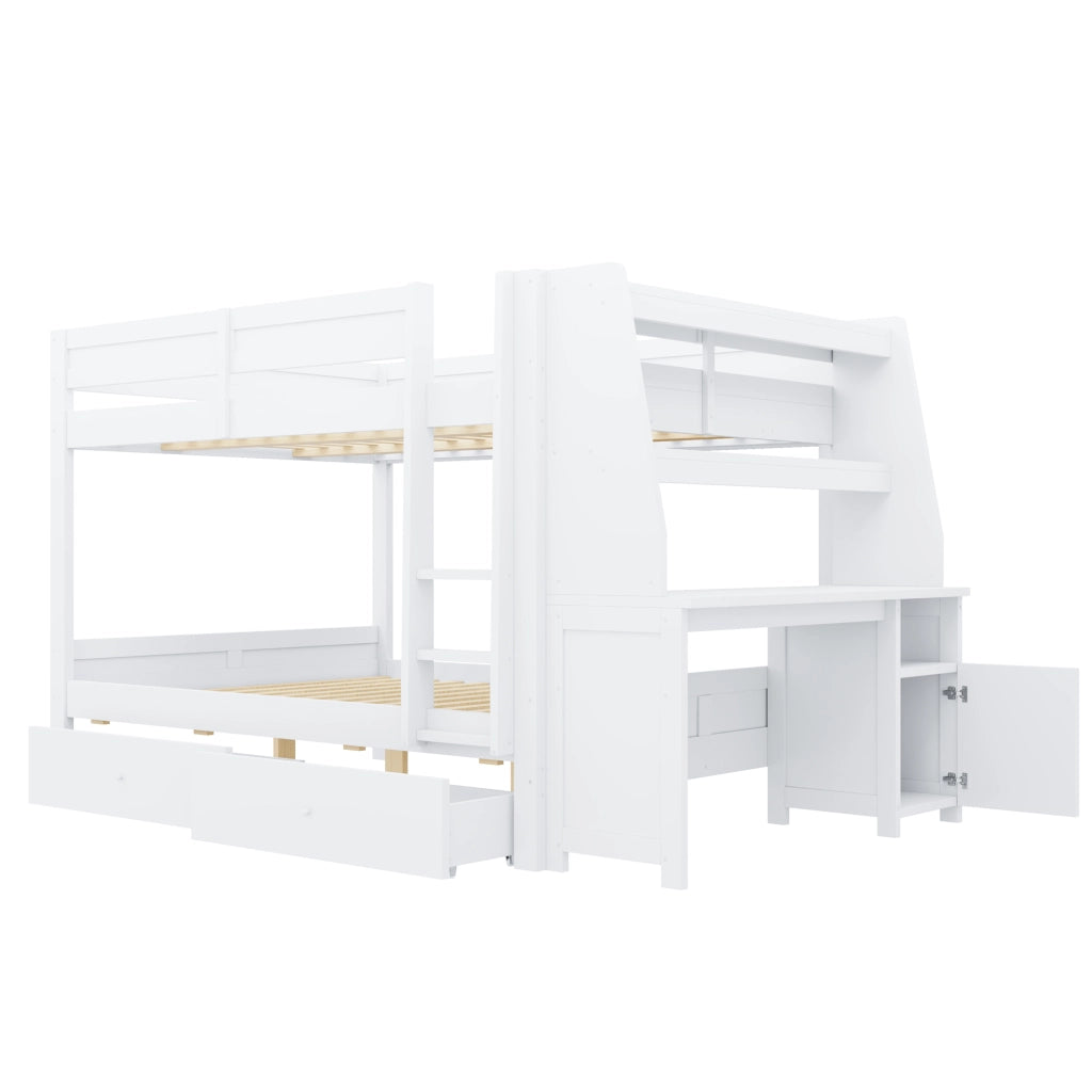Letto a castello 140×200 cm con scrivania; armadio; ripiani e 2 cassetti; senza materasso; legno; bianco