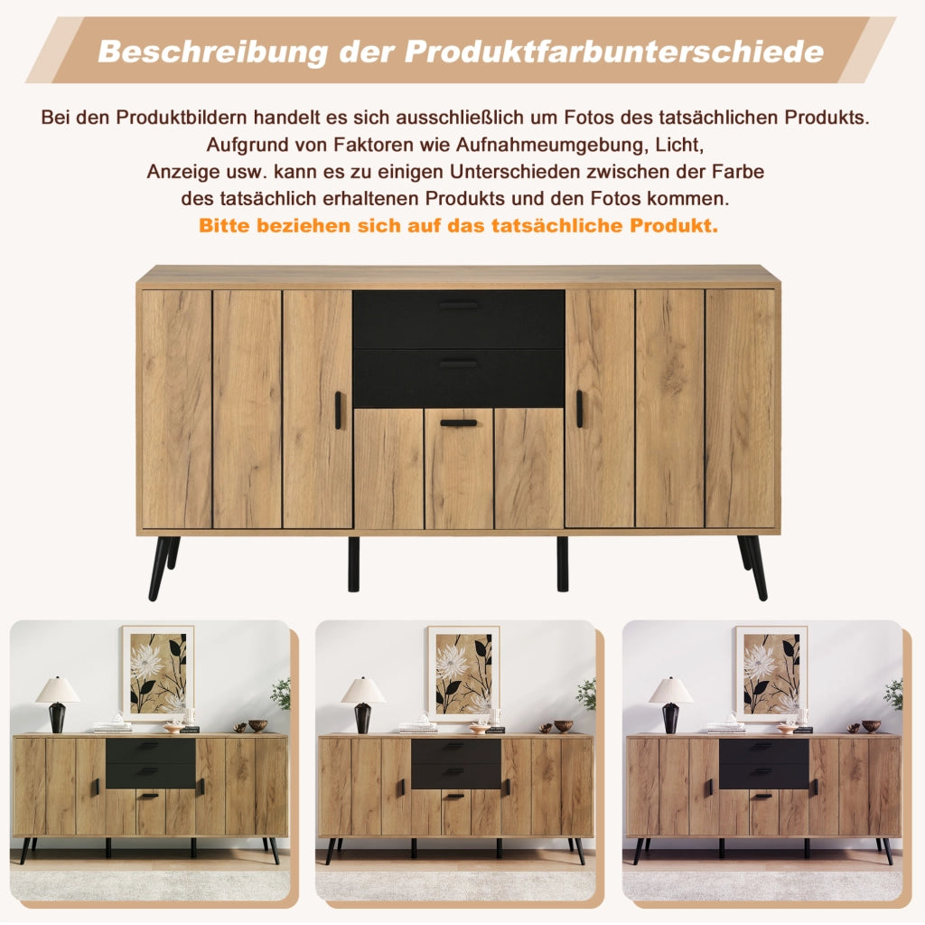 Credenza Sideboard con 2 Cassetti, 3 Ante e Piano Ampio, 140 x 35 x 67 cm