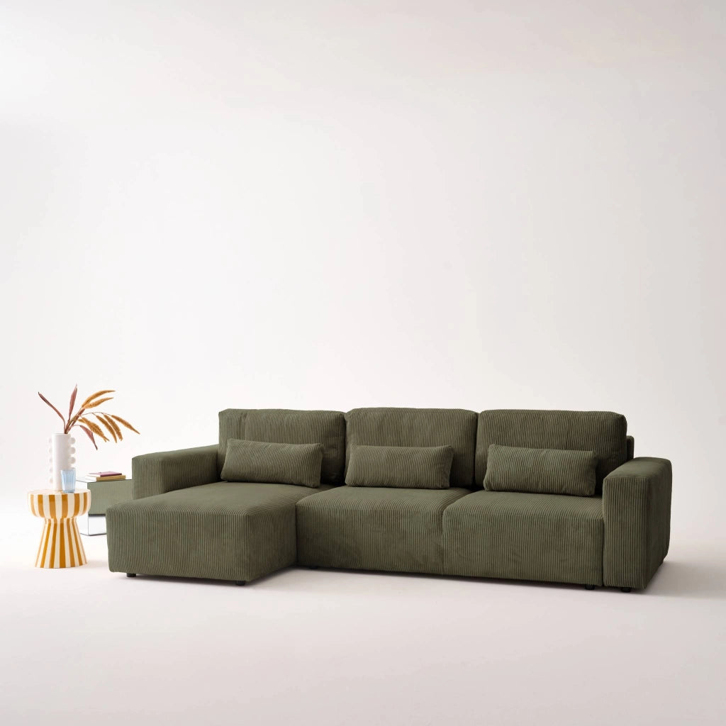 Divano letto angolare reversibile con contenitore in velluto a coste,